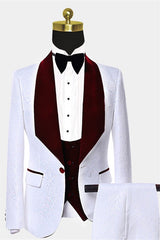 Newinlook Burgundy Lapel White Jacquard Wedding Suit for Groom Online