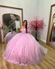 Pink Tulle Ball Gown Off-Shoulder Sweetheart Neckline with Lace Appliques & Bow Detail for Quinceanera Sweet 16 and Evening Parties