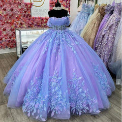 Exquisite Off-Shoulder Ball Gown 3D Floral Lace Beaded Purple Tulle Quinceanera Dress for Sweet 16 & Princess Galas