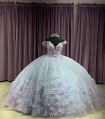 Off-Shoulder Ball Gown with 3D Floral Applique Princess Quinceanera & Sweet 16 Party Dress