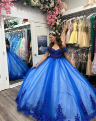 Royal Blue Ball Gown Off-Shoulder Sweetheart Neckline with Floral Lace Appliques & Beaded Detail for Quinceanera Sweet 16 or Princess Party