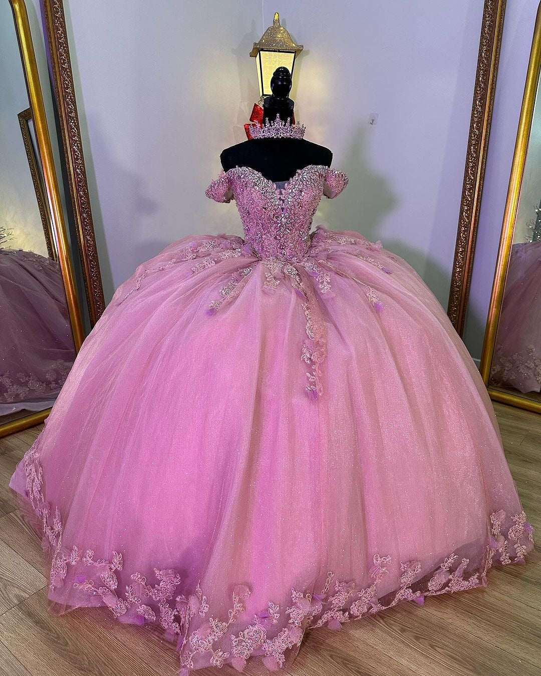 Off-Shoulder Ball Gown with 3D Floral Lace Appliques Pink Tulle Quinceanera Dress for Sweet 16 & Princess Evening Parties