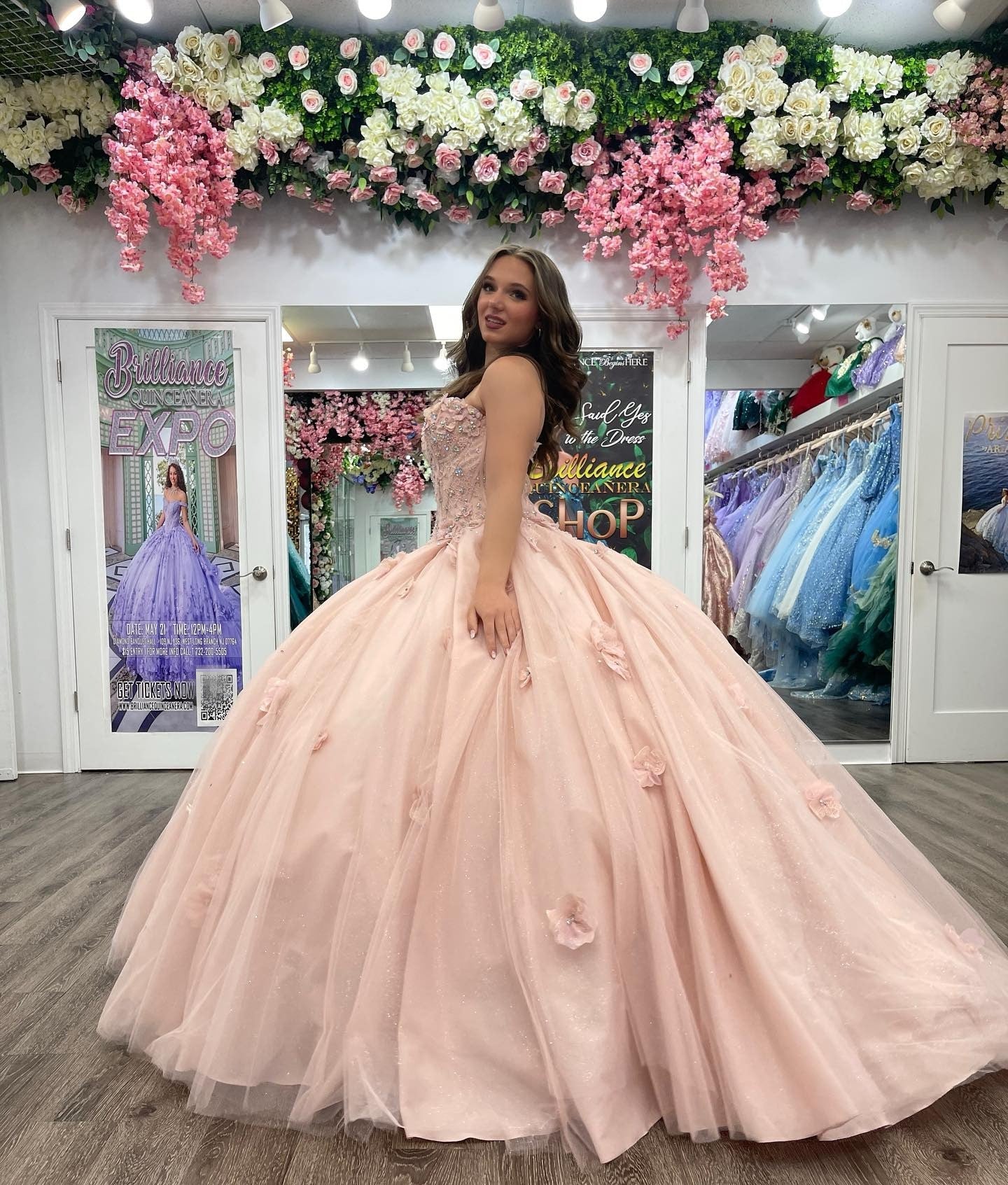 Ball Gown with Sweetheart Neckline Floral Lace Appliques & Beaded Details Pink Tulle Quinceanera Dress for Sweet 16 & Birthday Parties