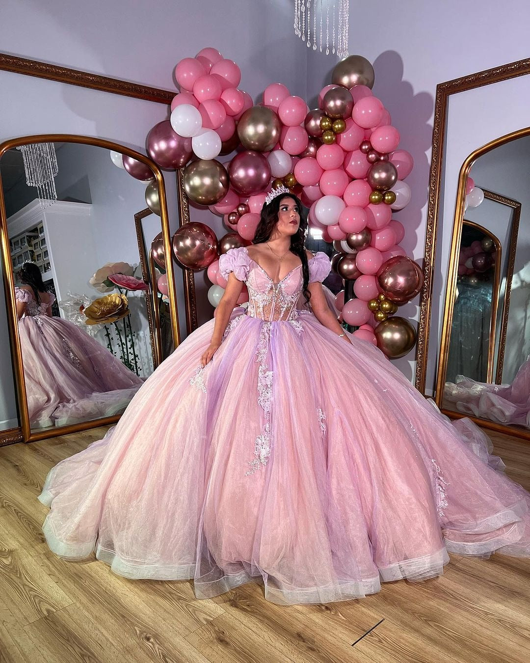 Pink Tulle Princess Ball Gown Sweetheart Neckline with Puff Sleeves Lace Appliques & Beaded Details for Quinceanera Sweet 16 or Evening Galas