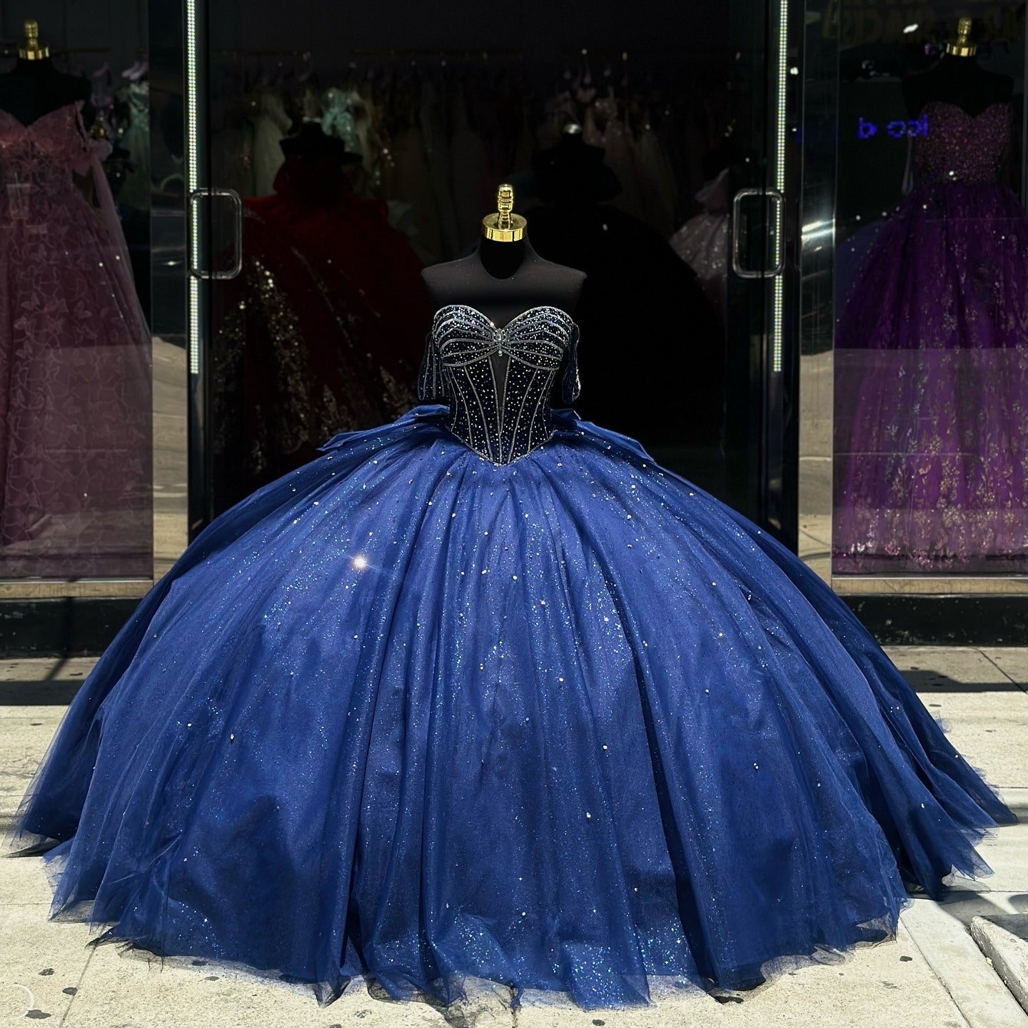 Dark Navy Tulle Quinceanera Dress Off-Shoulder Beaded Ball Gown with Bow Knot for Sweet 16 & Princess Parties