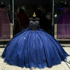 Dark Navy Tulle Quinceanera Dress Off-Shoulder Beaded Ball Gown with Bow Knot for Sweet 16 & Princess Parties