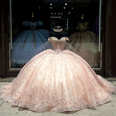 Off-Shoulder Ball Gown 3D Floral Applique & Beaded Pink Tulle Quinceanera Dress for Princess Parties & Sweet 16 Celebrations