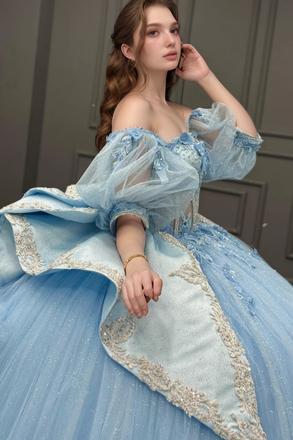 Sky Blue Ball Gown with Sweetheart Neckline Detachable Lantern Sleeves & 3D Floral Appliques Perfect for Quinceanera & Sweet 16 Celebrations