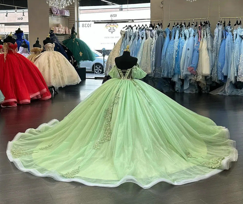 Exquisite Sage Green Ball Gown Off-Shoulder Sequined Lace Princess Dress for Quinceanera & Sweet 16