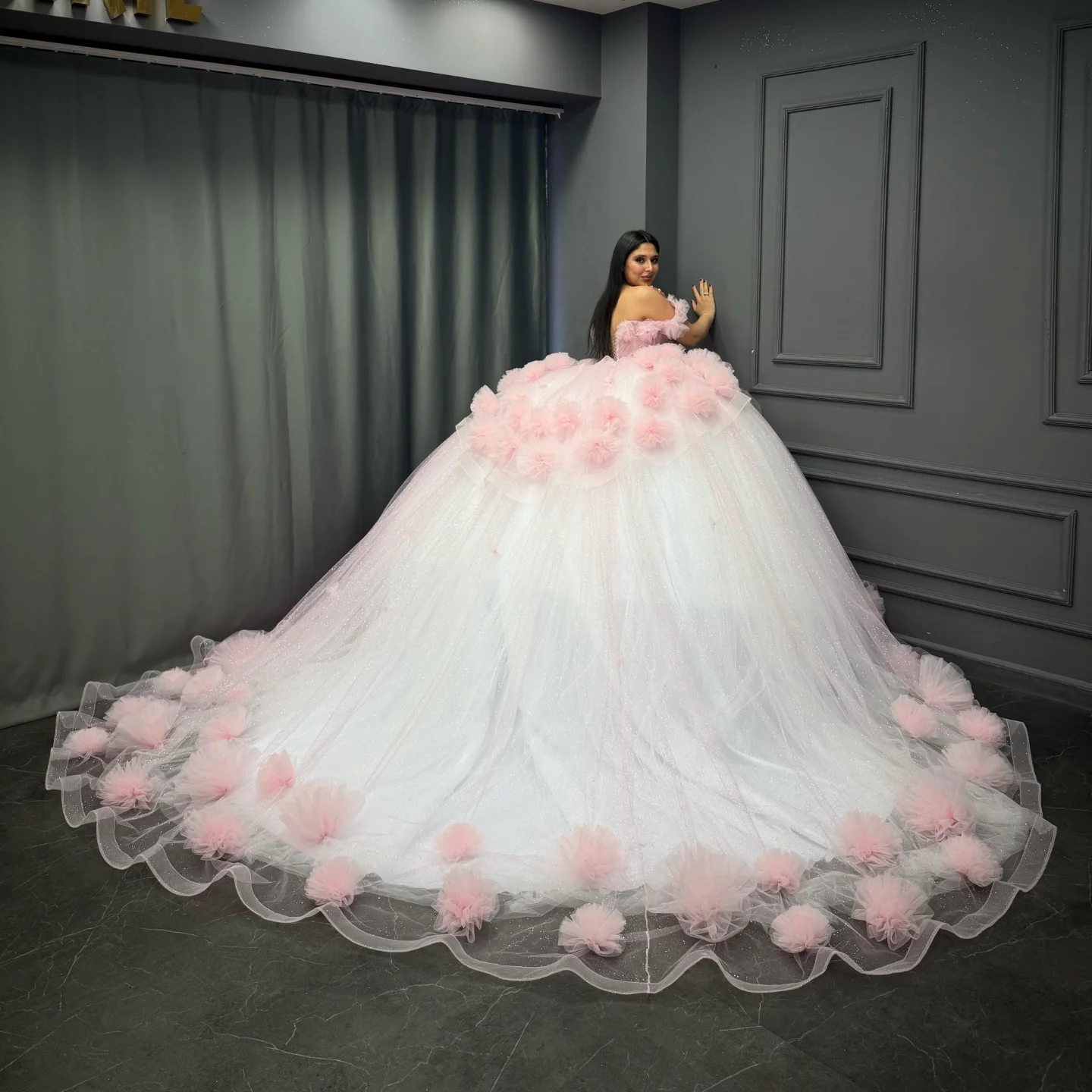 Baby Pink Tulle Quinceanera Dress Off-Shoulder Beaded Ball Gown with Glitter Pleats for Sweet 16 & Formal Events