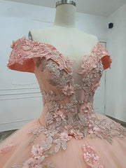 Off-Shoulder Ball Gown with 3D Floral Appliques Pink Tulle Quinceanera Dress with Sweep Train