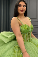 Strapless Green Tulle Quinceanera Dress with Sequins Beaded Appliques & Pleated Bow Perfect for Birthday Parties & Special Occasions