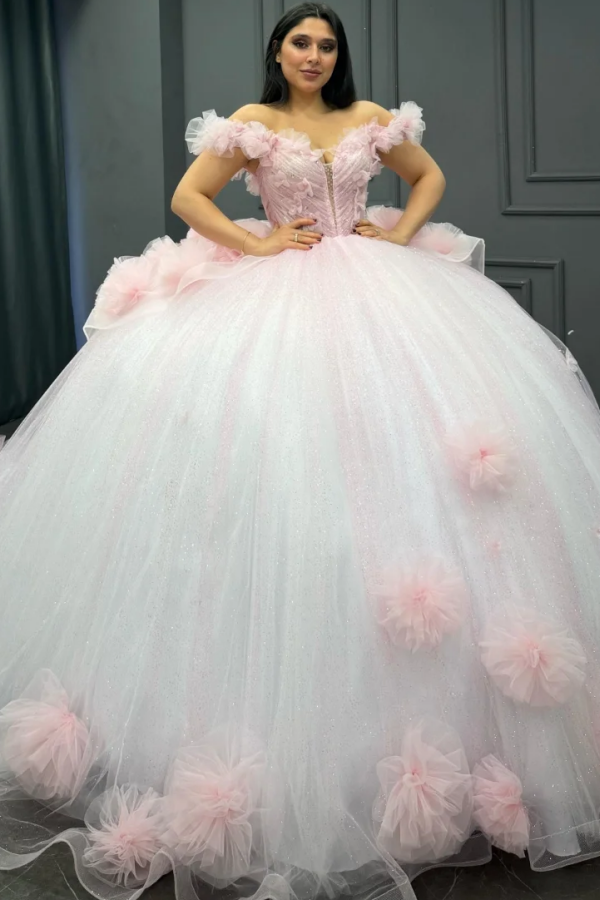 Baby Pink Tulle Quinceanera Dress Off-Shoulder Beaded Ball Gown with Glitter Pleats for Sweet 16 & Formal Events