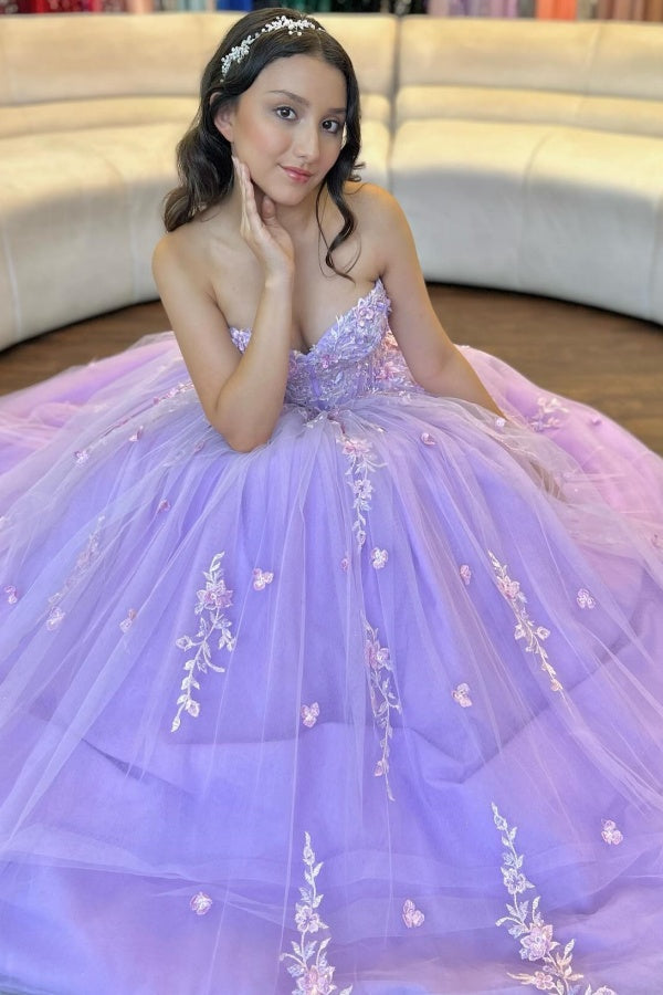 Lilac Tulle Quinceanera Dress Strapless Ball Gown with Floral Appliques & Detachable Shawl for Sweet 16 Birthday & Evening Events