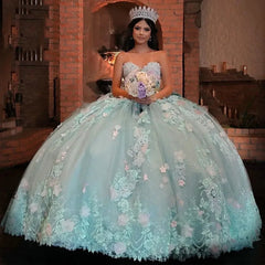Sky Blue Ball Gown Strapless 3D Flower Lace Quinceanera & Sweet 16 Dress