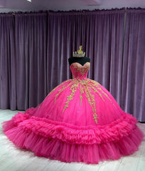 Gold-Lace Ball Gown Strapless Hot Pink Tulle Quinceanera Dress with Tiered Ruffles & Beaded Details for Sweet 16 & Birthday Galas