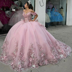 Off-Shoulder Pink Tulle Quinceanera Dress with Floral Appliques & Beaded Ruffles Perfect for Sweet 16 & Graduation Galas