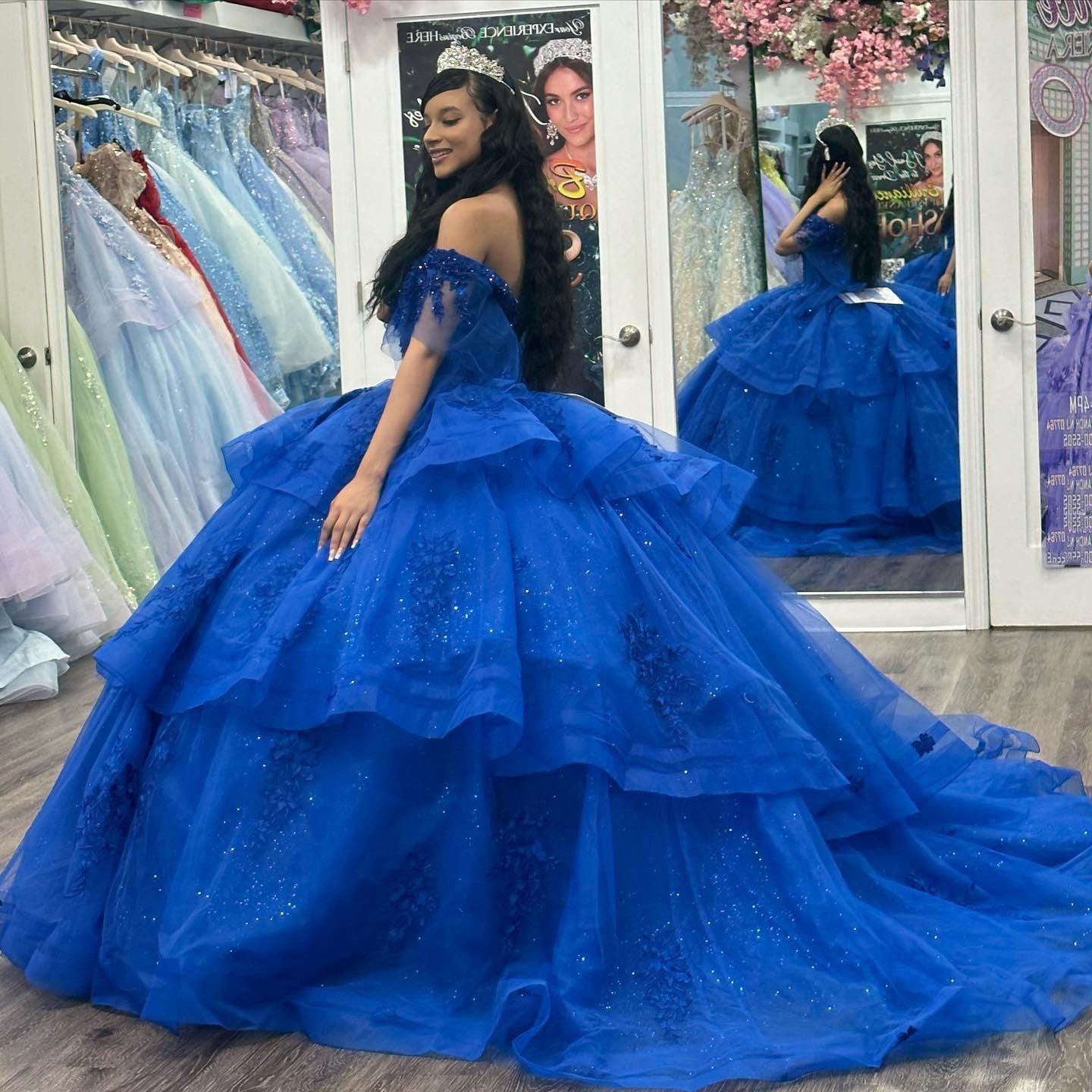 Royal Blue Ball Gown Off-Shoulder Lace Applique Beaded Tulle Princess Dress for Quinceanera & Sweet 16