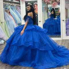 Royal Blue Ball Gown Off-Shoulder Lace Applique Beaded Tulle Princess Dress for Quinceanera & Sweet 16