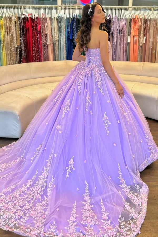 Lilac Tulle Quinceanera Dress Strapless Ball Gown with Floral Appliques & Detachable Shawl for Sweet 16 Birthday & Evening Events