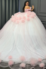 Baby Pink Tulle Quinceanera Dress Off-Shoulder Beaded Ball Gown with Glitter Pleats for Sweet 16 & Formal Events