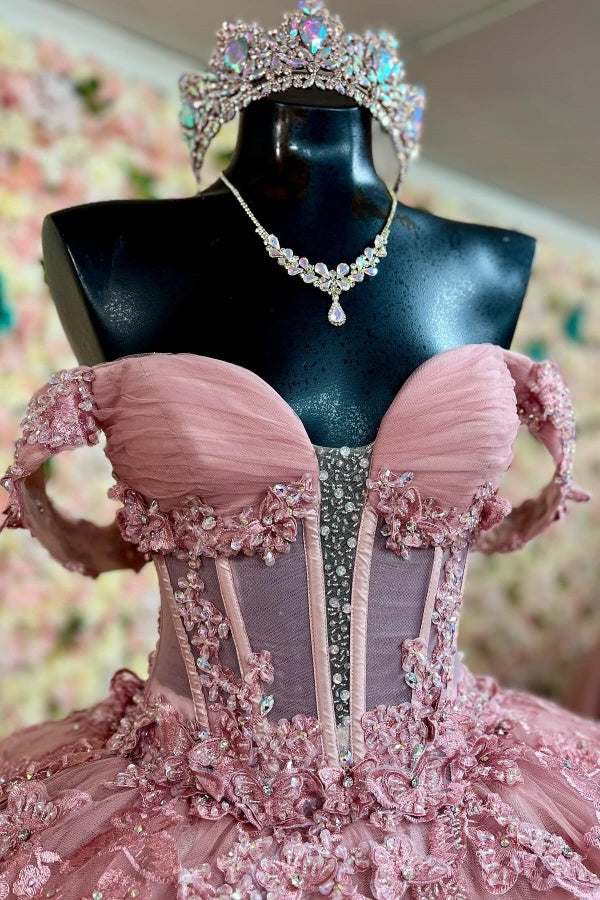 Off-Shoulder Ball Gown Crystal Beaded Pink Tulle Quinceanera Dress with Lace-Up Detail for Sweet 16 & Formal Events