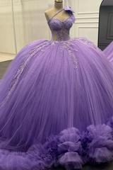 Lilac One-Shoulder Ball Gown with Beaded Sequins & Ruffled Tulle Perfect for Quinceanera Sweet 16 & Evening Galas