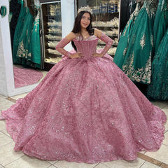 Ball Gown with Detachable Sleeves Sequined & Beaded Dusty Pink Tulle Princess Dress for Quinceanera & Sweet 16