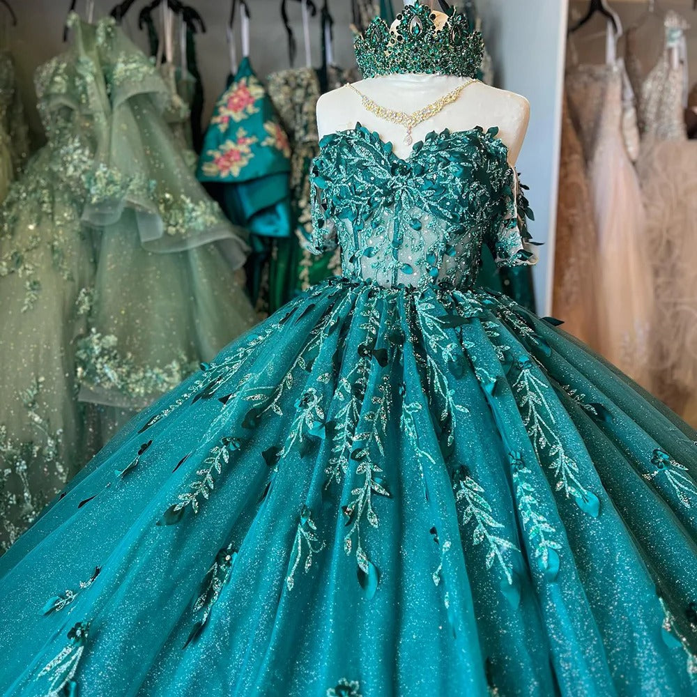 Emerald Green Ball Gown Off-Shoulder Sweetheart Neckline with Beaded Flowers & Lace Applique for Quinceanera or Sweet 16