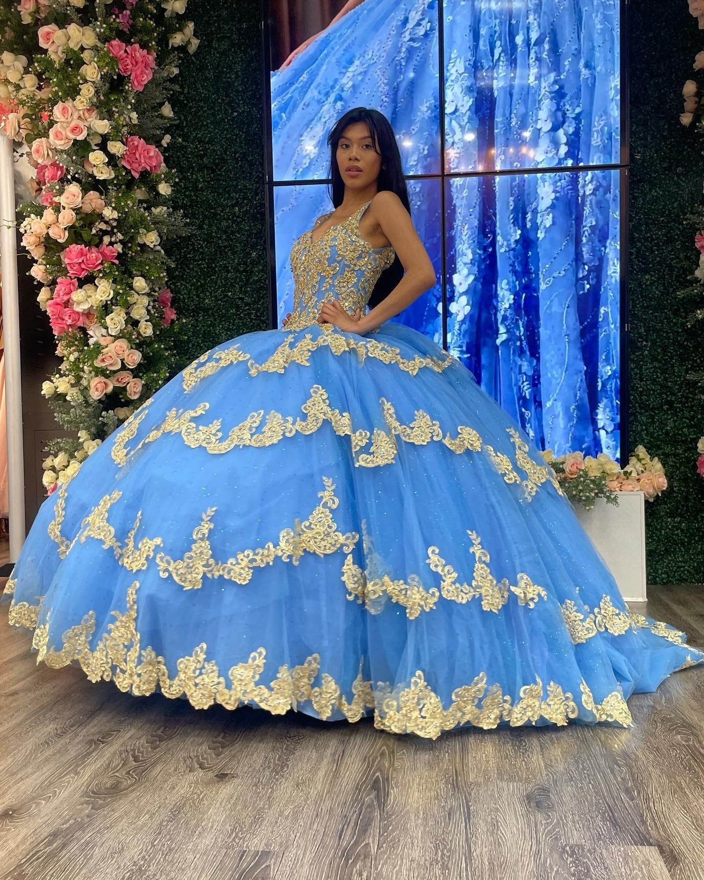 Sky Blue Ball Gown V-Neck Beaded Sequins Floral Appliques & Tiered Tulle Quinceanera Dress for Sweet 16 Cocktail & Evening Parties