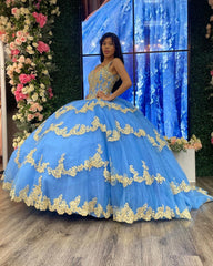 Sky Blue Ball Gown V-Neck Beaded Sequins Floral Appliques & Tiered Tulle Quinceanera Dress for Sweet 16 Cocktail & Evening Parties