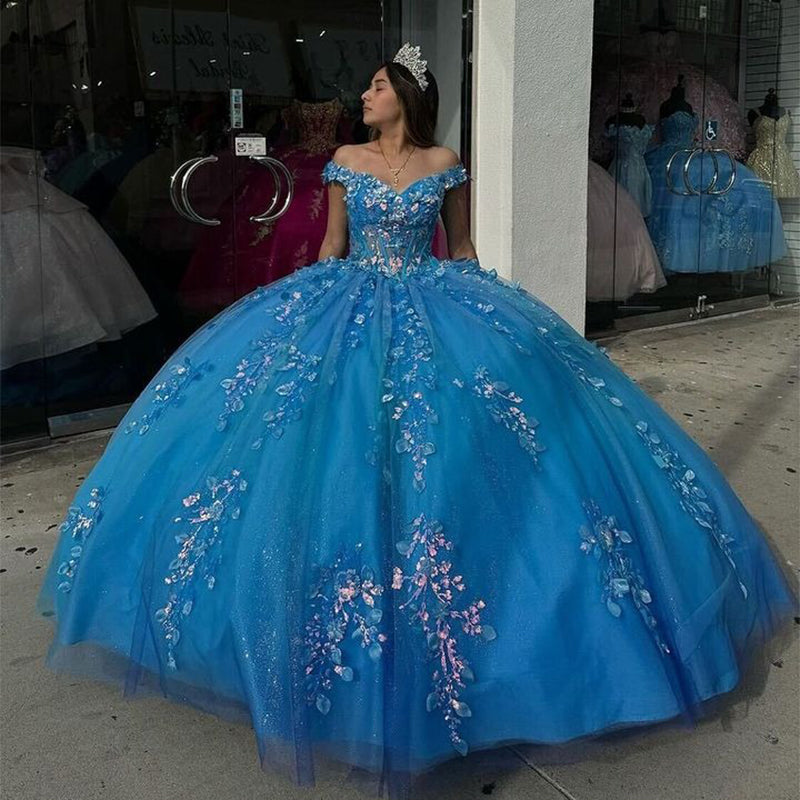 Off-Shoulder Beaded Lace Ball Gown Blue Tulle Quinceanera Dress for Sweet 16 & Evening Galas
