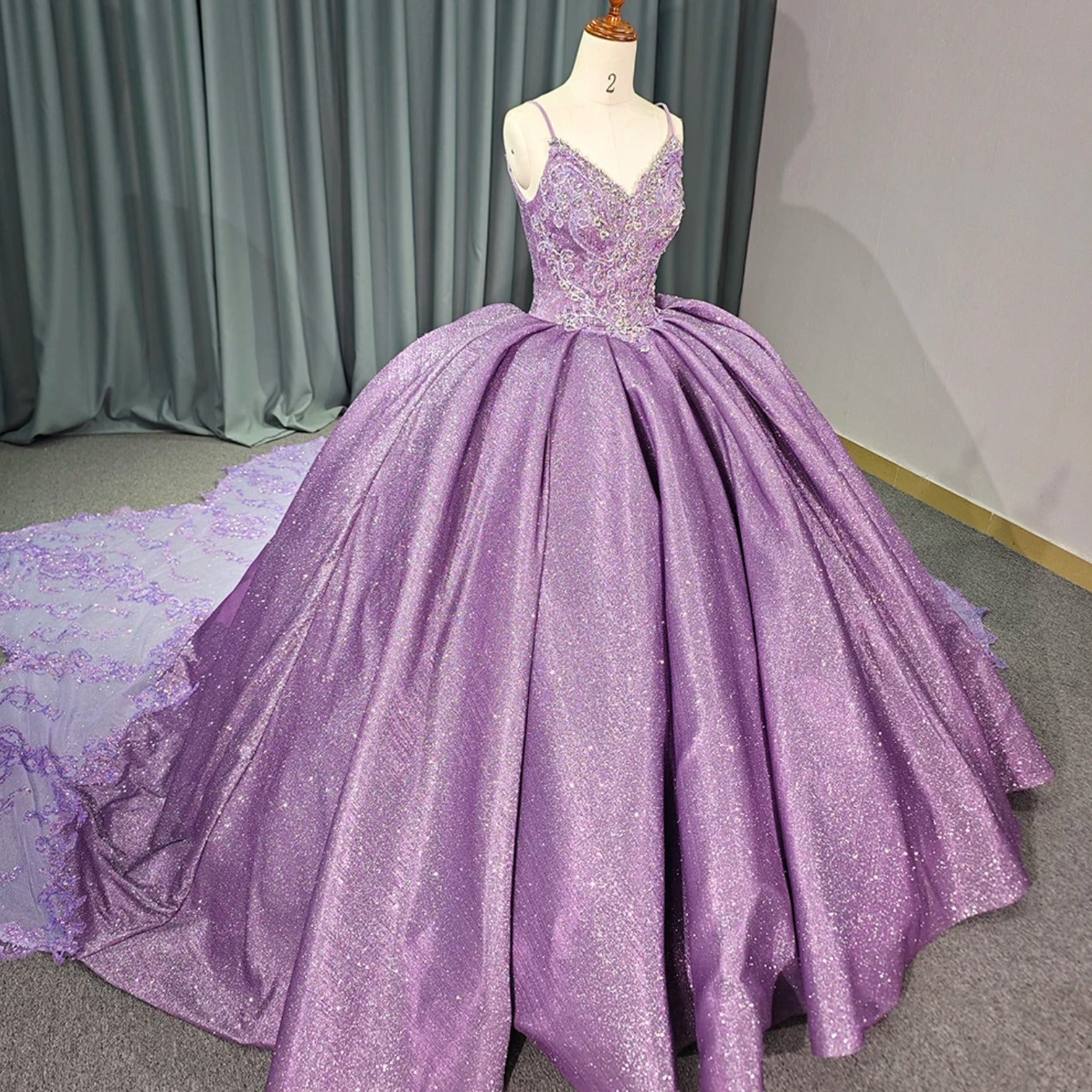 Purple Tulle Princess Ball Gown V-Neck Spaghetti Straps with 3D Floral Lace & Sweep Train for Quinceanera or Sweet 16