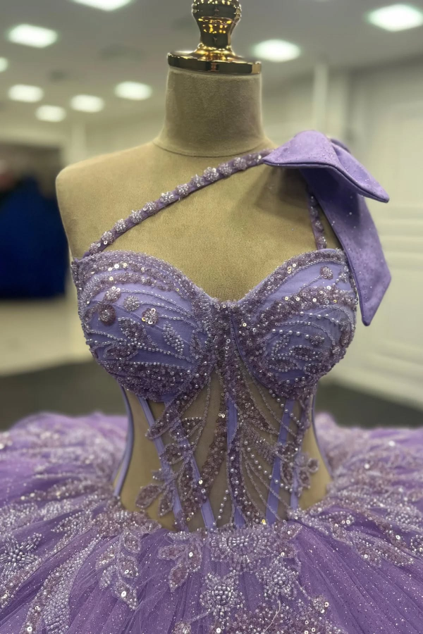 Lilac One-Shoulder Ball Gown with Beaded Sequins & Ruffled Tulle Perfect for Quinceanera Sweet 16 & Evening Galas