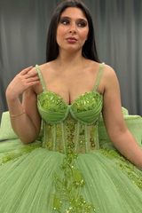 Strapless Green Tulle Quinceanera Dress with Sequins Beaded Appliques & Pleated Bow Perfect for Birthday Parties & Special Occasions