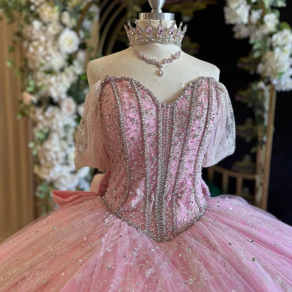 Exquisite Pink Tulle Ball Gown Sweetheart Neckline with Off-Shoulder Spaghetti Straps & Lace Appliques for Quinceanera Sweet 16 and Prom