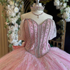 Exquisite Pink Tulle Ball Gown Sweetheart Neckline with Off-Shoulder Spaghetti Straps & Lace Appliques for Quinceanera Sweet 16 and Prom