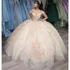 Off-Shoulder Ball Gown with Floral Applique & Beaded Tulle Princess Quinceanera & Sweet 16 Party Dress