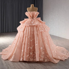Strapless Ball Gown with 3D Butterfly Appliques Tiered Pink Tulle Quinceanera & Sweet 16 Party Dress