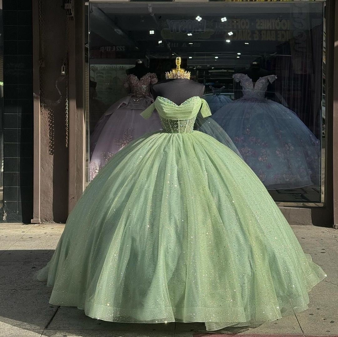 Sage Green Off-Shoulder Ball Gown with Beaded Detailing & Glitter Tulle Skirt Perfect for Quinceanera Sweet 16 and Formal Evening Events
