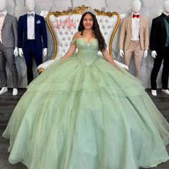 Sage Green Off-Shoulder Ball Gown Sparkling Sequins & Beaded Tulle Quinceanera Dress for Sweet 16