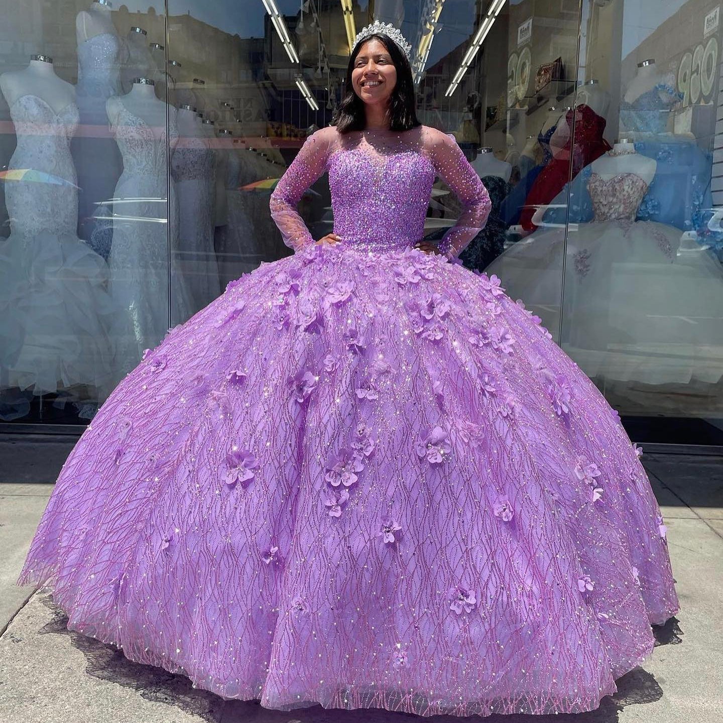 Lilac Ball Gown with Sweetheart Neckline Long Sleeves & 3D Floral Appliques Princess Quinceanera Dress for Sweet 16