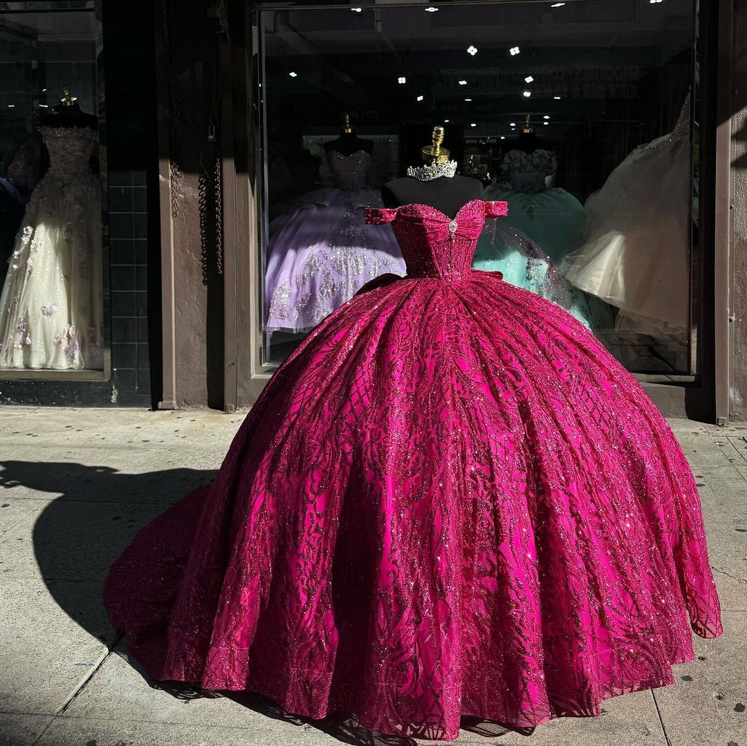 Off-Shoulder Ball Gown Sweetheart Neckline Hot Pink Tulle Quinceanera Newinlook Off-Shoulder Ball Gown Sweetheart Neckline Hot Pink Tulle Quinceanera Newinlook