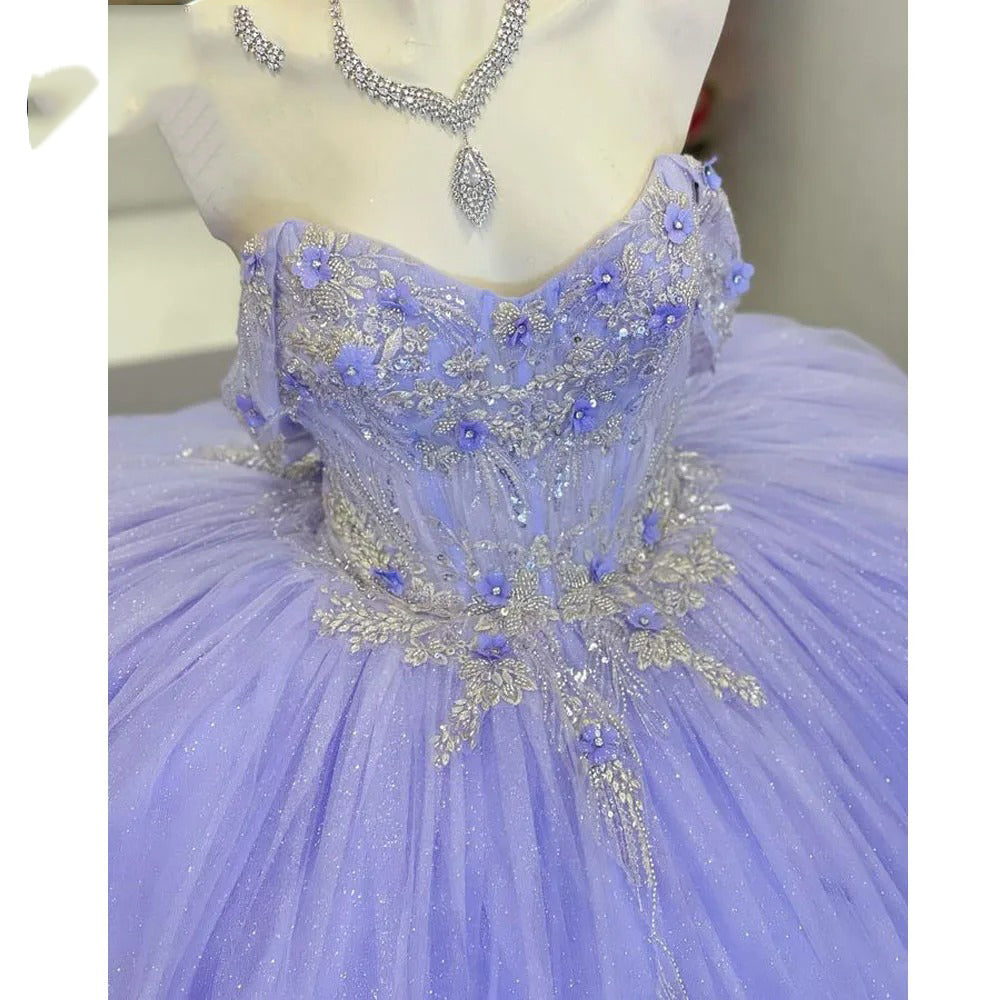 Lavender Off-Shoulder Ball Gown with Lace Appliques & Beaded Sparkle Quinceanera or Sweet 16 Evening Dress