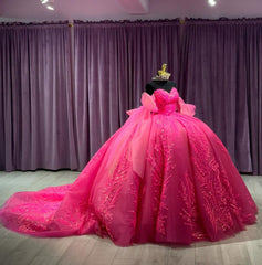 Off-Shoulder Ball Gown Sweetheart Neckline with Long Sleeves Lace Appliques & Beaded Details in Hot Pink Tulle for Quinceanera Sweet 16 or Princess Party