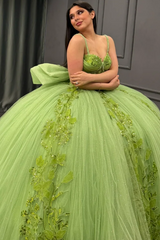 Strapless Green Tulle Quinceanera Dress with Sequins Beaded Appliques & Pleated Bow Perfect for Birthday Parties & Special Occasions
