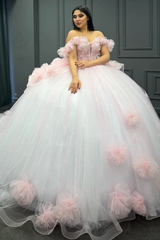 Baby Pink Tulle Quinceanera Dress Off-Shoulder Beaded Ball Gown with Glitter Pleats for Sweet 16 & Formal Events