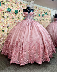 Off-Shoulder Ball Gown Crystal Beaded Pink Tulle Quinceanera Dress with Lace-Up Detail for Sweet 16 & Formal Events