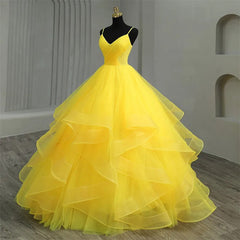 V-Neck Spaghetti Strap Tiered Yellow Tulle Ball Gown Perfect for Quinceanera & Sweet 16 Celebrations