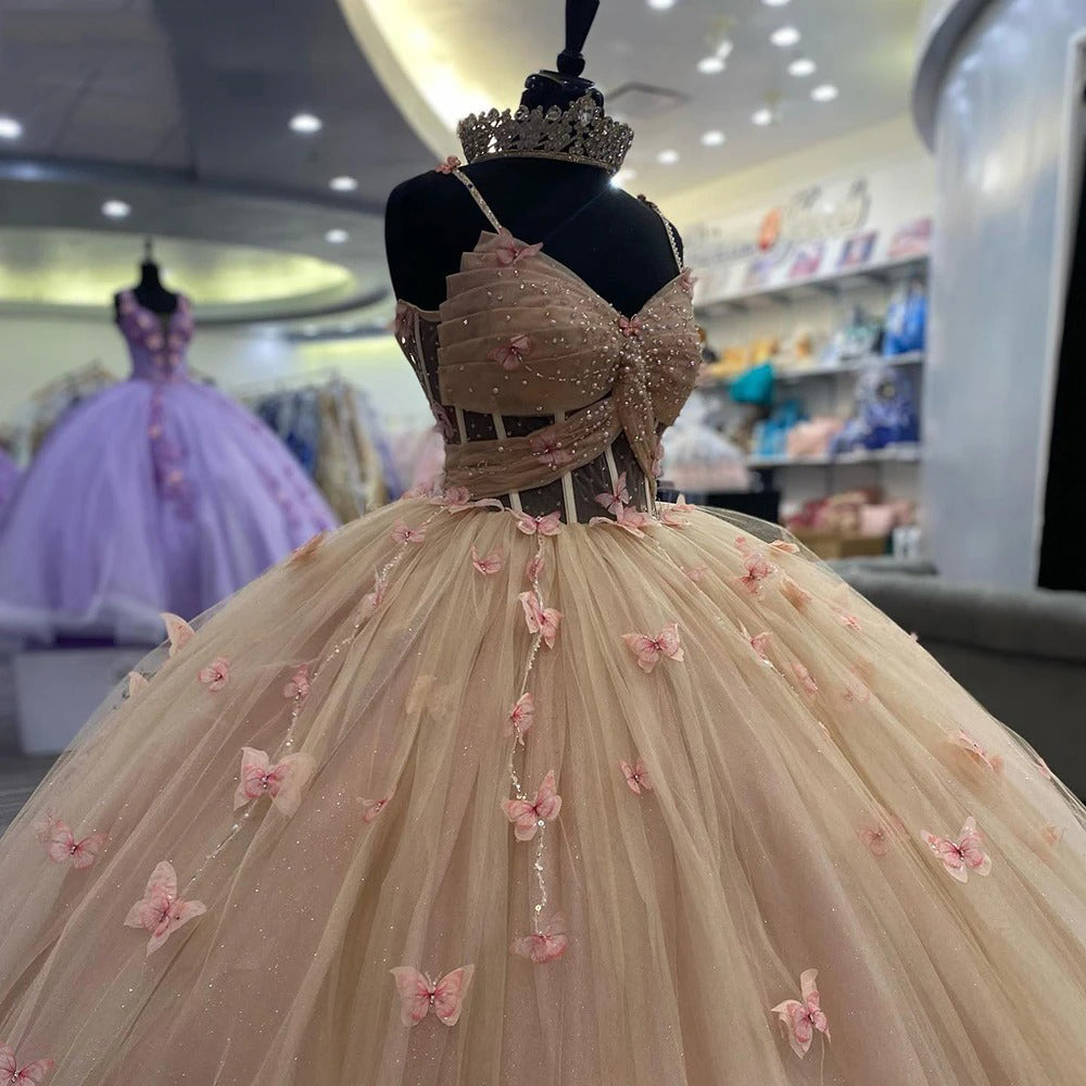 Dusty Pink Ball Gown Sweetheart Neckline with 3D Butterfly Appliques & Beaded Tulle for Quinceanera Sweet 16 or Birthday Celebrations